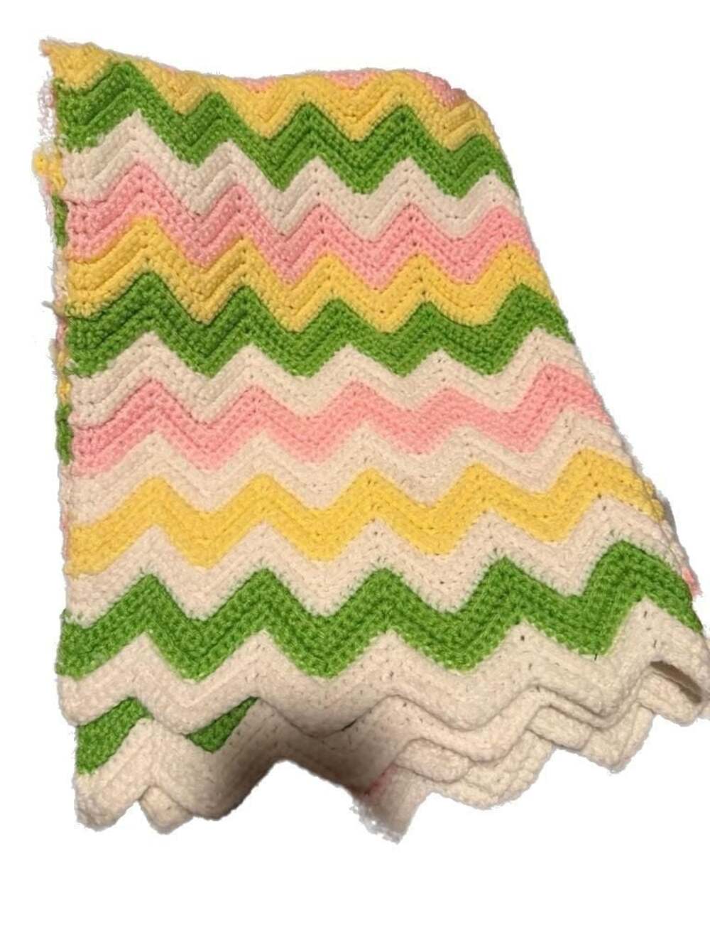 Handmade Chevron Crochet Baby Blanket Pastel Pink Yellow Green White Ripple New
